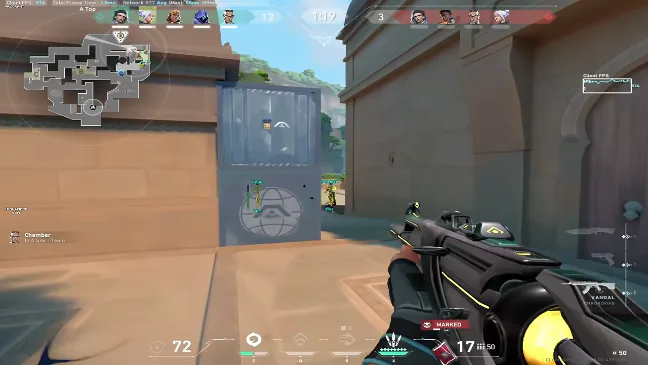Valorant aimbot with skeletal ESP and marked target lock during a match